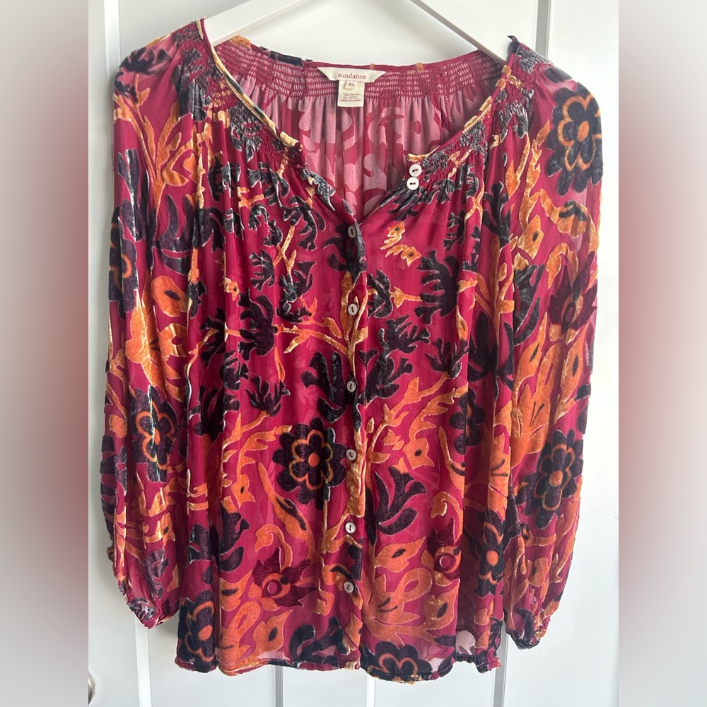 Sundance XS Silk Blend Bohemian Blouse Velvet Burnout Boho Festival Button Front